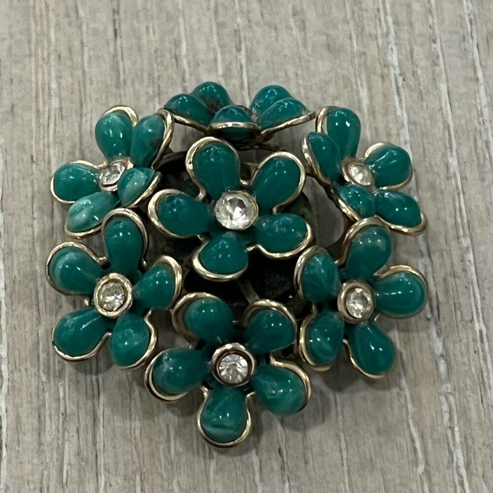 Vintage Coro Green Lucite Layered Flowers & Rhinestone Costume Jewelry Brooch